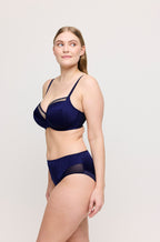 Sapphire blue full cup bra with delicate lace details by Primadonna, available in D cup sizes 10, 12, and 14.
