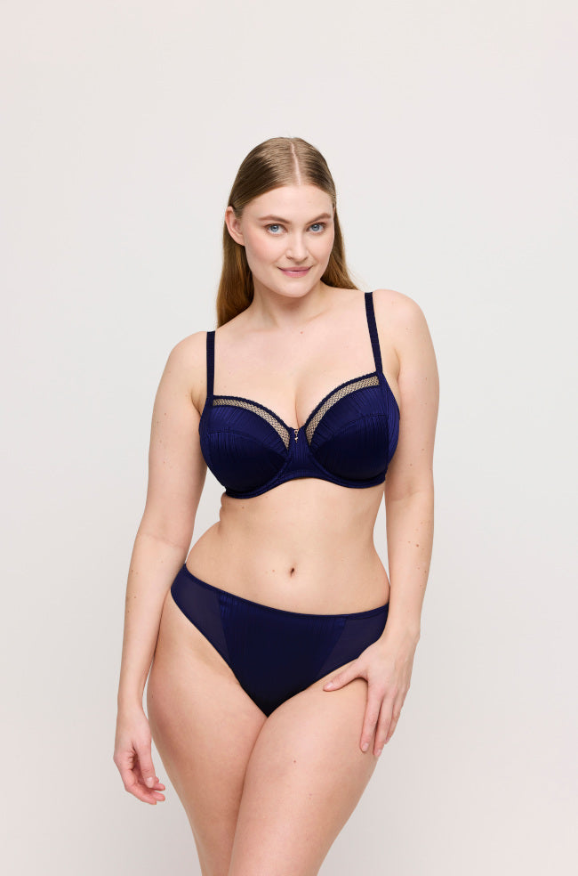 Sapphire blue non-padded underwire bra with lace detailing, by PrimaDonna, available in D cup sizes