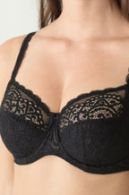 Black full cup underwire bra by Primadonna with adjustable straps, featuring lace detailing.