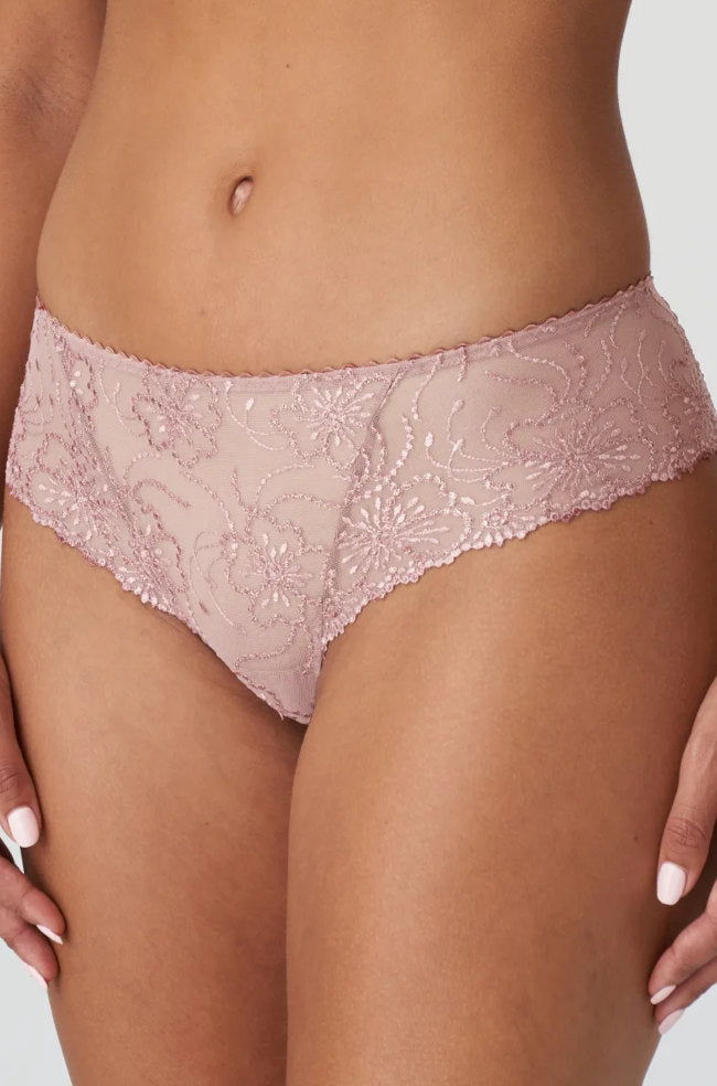 Jane G-String in Bois de Rose, semi-sheer lace, available in Medium and XL by Primadonna