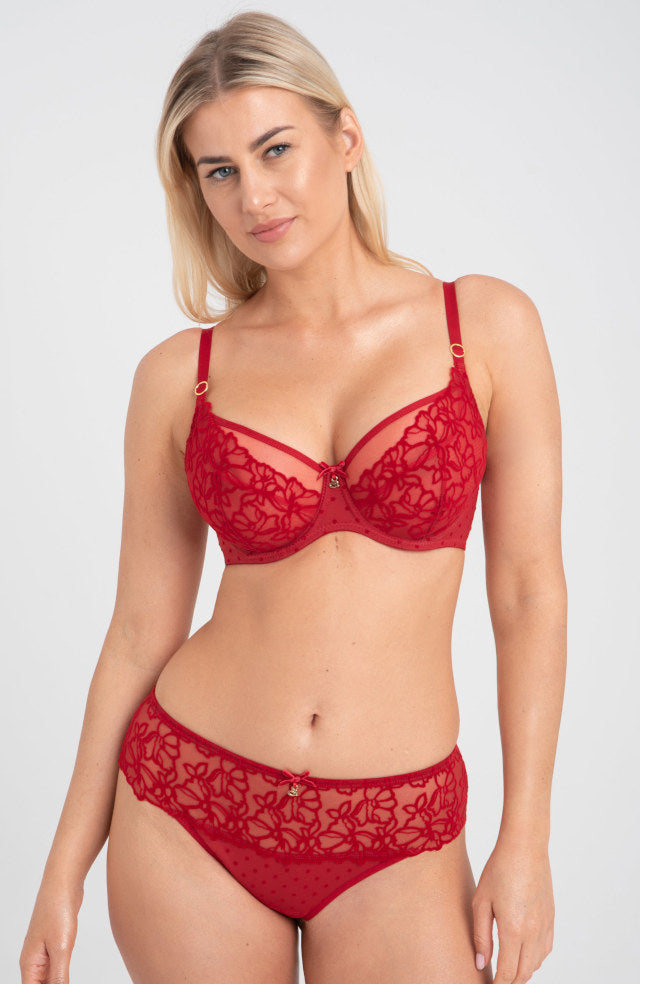 Crimson balcony bra with Italian lace, underwire support, adjustable straps, available in D cup sizes by Samanta
