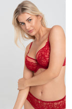 Crimson Emma Balcony Bra by Samanta featuring Italian lace and underwire, available in D cups.