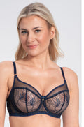 Navy underwire bra with Polish embroidery, adjustable straps, available in medium to large cup sizes by Samanta.