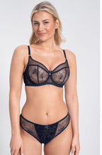 Navy Brazilian briefs from Samanta featuring elegant Polish embroidery line art.