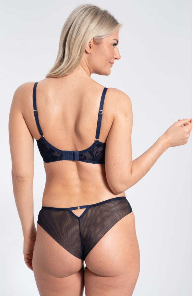 Navy Brazilian briefs with Polish embroidery line art by Samanta, available in various sizes.