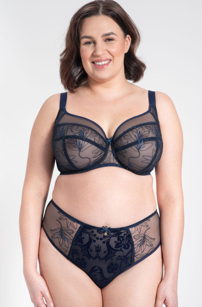 Navy bikini brief with polish embroidery line-art design by Samanta, available in multiple sizes.