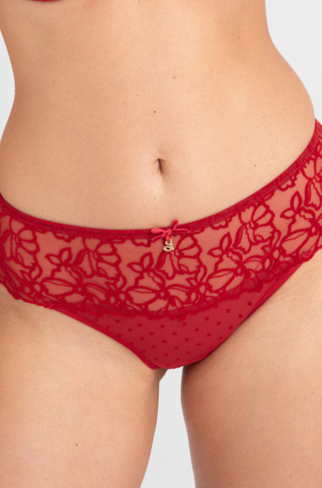 Crimson red Italian flocked lace G-String thong by Samanta in sizes XS and XL