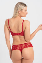 Crimson red Emma G-string thong by Samanta in Italian flocked lace, sizes XS and XL available.