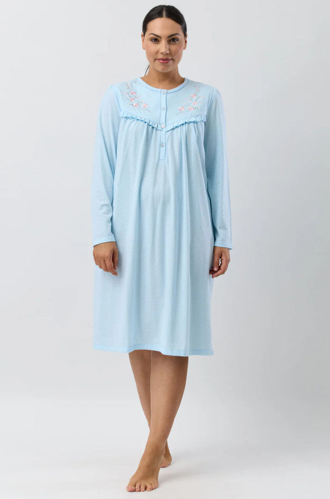 Aqua Fleur embroidered nightie in plus sizes 18-26, made from soft jacquard jersey by Schrank.
