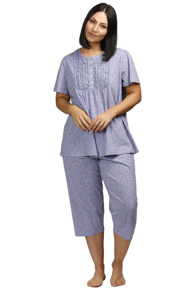 Blue floral cotton PJ set with button front, available in sizes 22-24 by Schrank