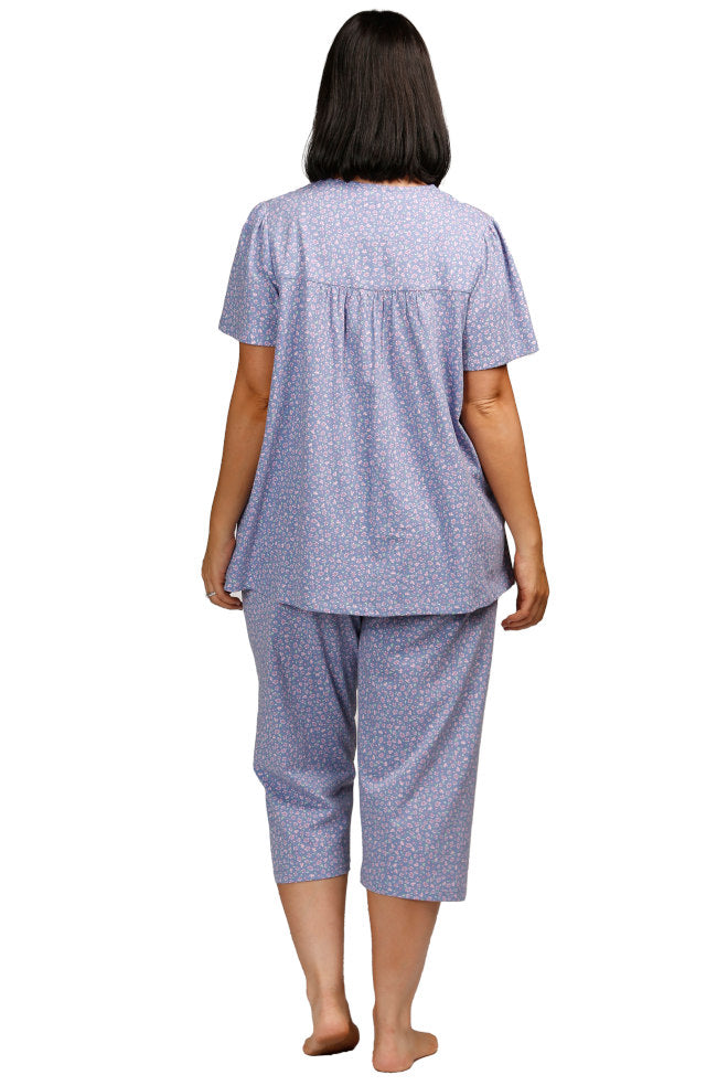 Blue floral cotton PJ set with button front, suitable for sizes 22-24, by SCHRANK.