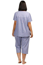 Blue floral cotton PJ set with button front, suitable for sizes 22-24, by SCHRANK.