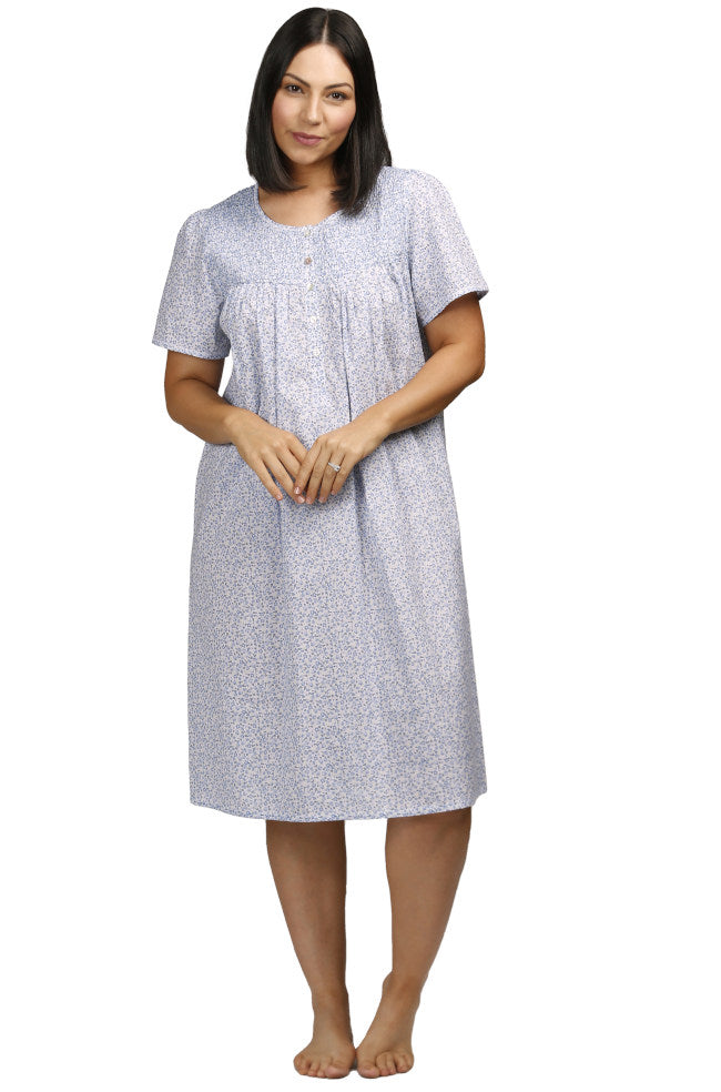 Blue cotton short sleeve nightie with button front and ditsy floral print, available in sizes 10-24 by Schrank