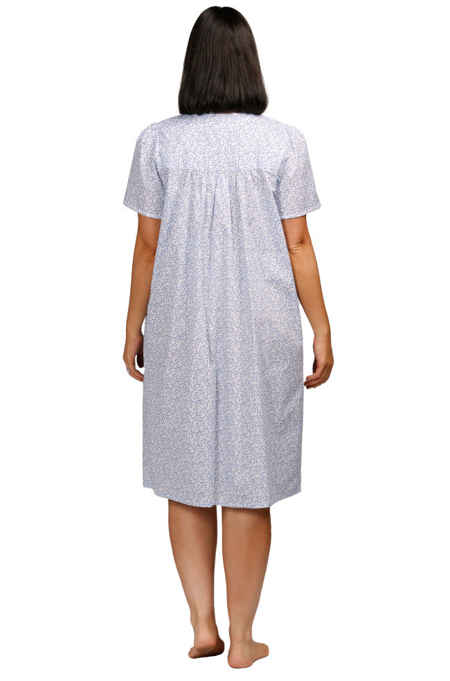 Blue short sleeve Ditsy Floral Cotton Nightie by SCHRANK, button front design, available in sizes 10-24