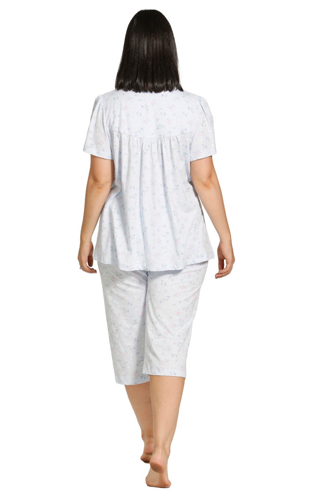 Schrank blue floral capri pajama set in poly cotton blend, featuring capri pants and a stylish floral print