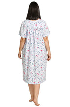 Blue cotton butterfly-print brunchcoat by Schrank, lightweight with button front, size 12