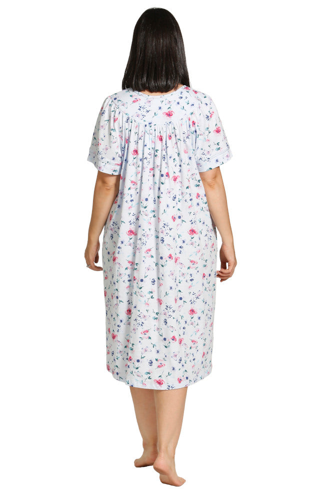 Blue cotton butterfly-print brunchcoat by Schrank, lightweight with button front, size 12