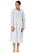 Blue floral print cotton flannelette nightie by Schrank, button-front design, size 26 for cold-weather comfort.