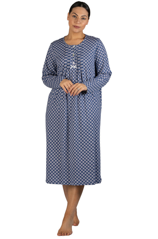 Geo Pleated Long Sleeve Cotton Nightie (Denim) Available in size 10 only