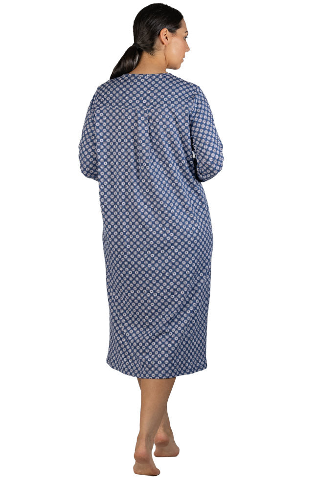 Geo Pleated Long Sleeve Cotton Nightie (Denim) Available in size 10 only