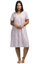 Iris floral-print cotton short sleeve nightie by Schrank, featuring a button front, available in sizes 10-24.