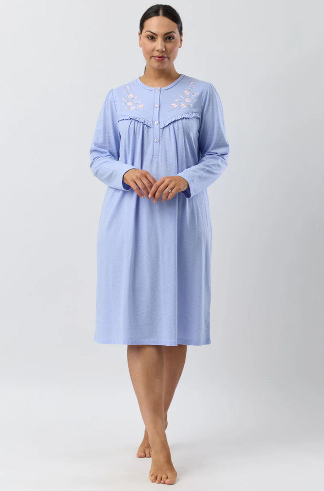 Fleur embroidered lavender nightie with delicate floral patterns, soft fabric, available in sizes 10, 12, and 14.