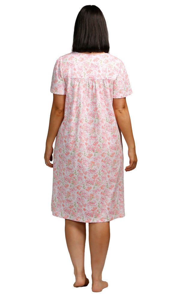 Mango print cotton short sleeve nightie by SCHRANK with button front design, available in size 10, 12, and 14.