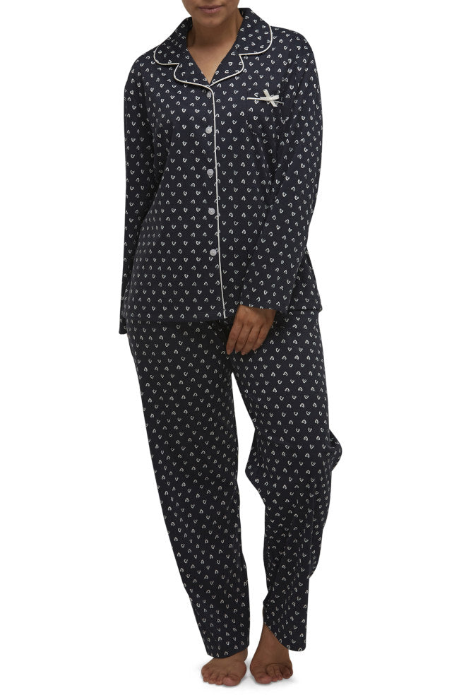 Midnight cotton polyester pajama set by Schrank with bow detail and elasticated waist, available in sizes 10, 12, and 14.