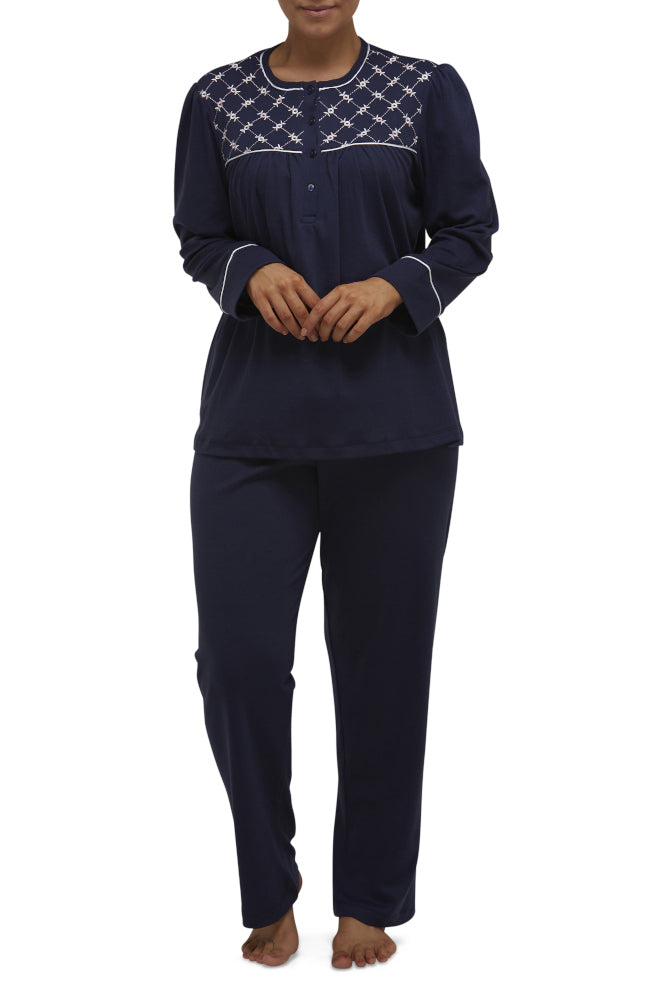 Navy poly cotton button-front pajama set with embroidery and elastic waistband by SCHRANK