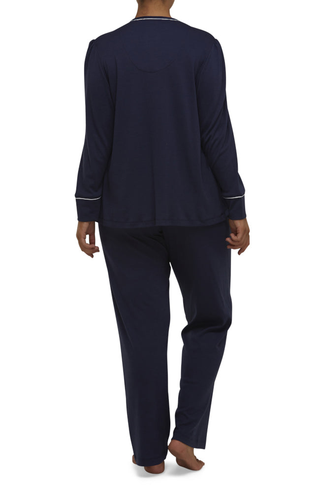 Navy embroidered poly cotton pajama set with button front and elastic waist by SCHRANK