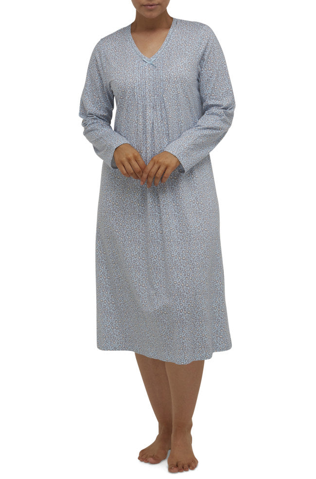 Pale blue 100% cotton leopard print nightie by Schrank, available in sizes 10, 12, and 14.