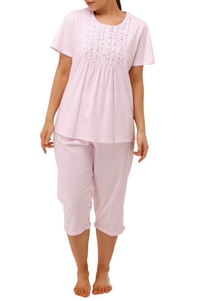 Pink cotton floral pajama set by Schrank with button front, perfect for sizes 14-24, comfortable sleepwear for women.