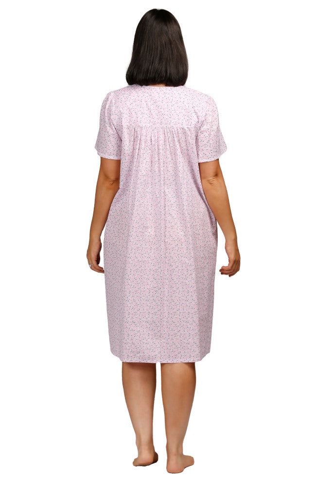 Pink short sleeve cotton nightie with button front and ditsy floral print by Schrank.