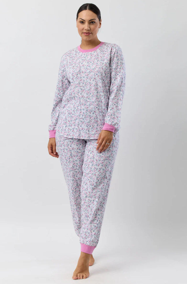 Pink cotton jersey PJ set with ditsy floral print, featuring a relaxed fit and short sleeves by SCHRANK