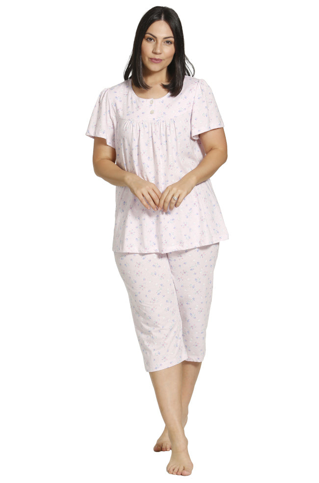 Pink floral capri pajama set in breathable poly cotton by SCHRANK, perfect for summer sleepwear.
