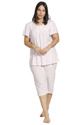 Pink floral capri pajama set in breathable poly cotton by SCHRANK, perfect for summer sleepwear.