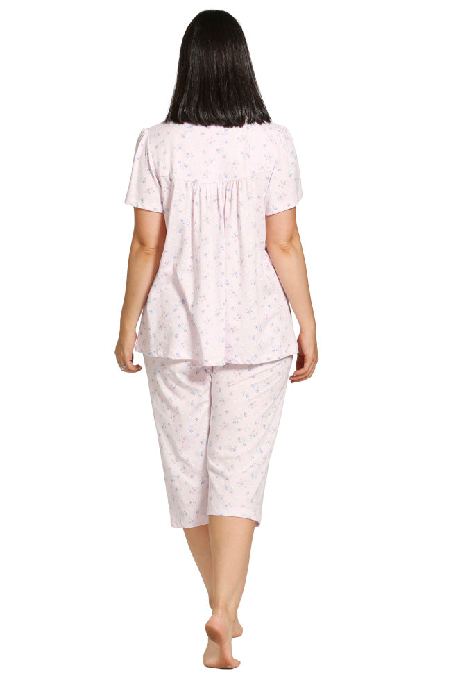 Pink floral capri pajama set in breathable poly cotton by SCHRANK, perfect for summer sleepwear