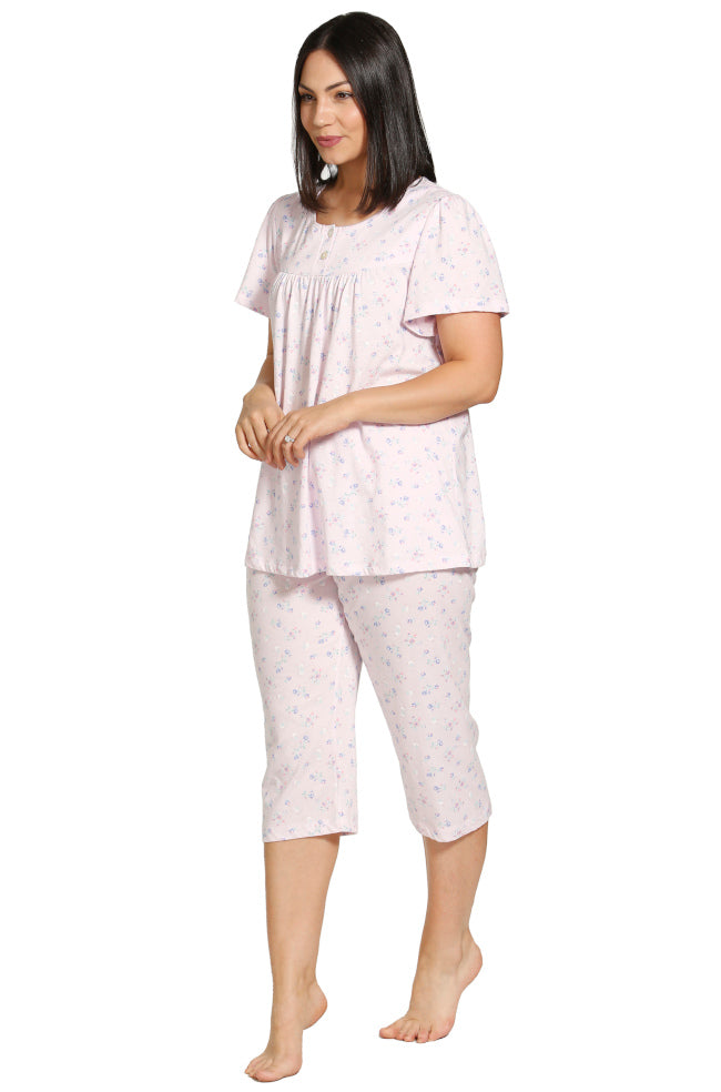 Pink Floral Capri Pajama Set - Poly Cotton Summer Sleepwear