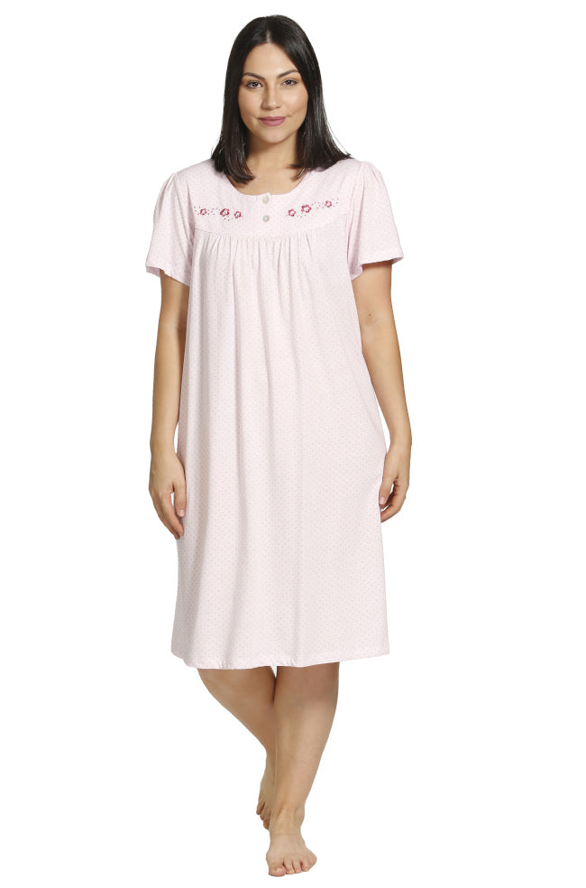 Schrank pink spot short sleeve nightie made of lightweight poly cotton, perfect for breathable sleepwear.