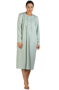 Sage long sleeve polyester cotton nightie by Schranks, featuring a relaxed fit, displayed in size 18