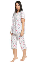 White short sleeve cotton pajama set with butterfly print, featuring capri pajama pants by Schrank, size 18 only.