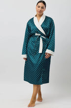Forest green Art Deco satin robe with fleece lining, 120cm length, available in sizes S, M, L from Schrank