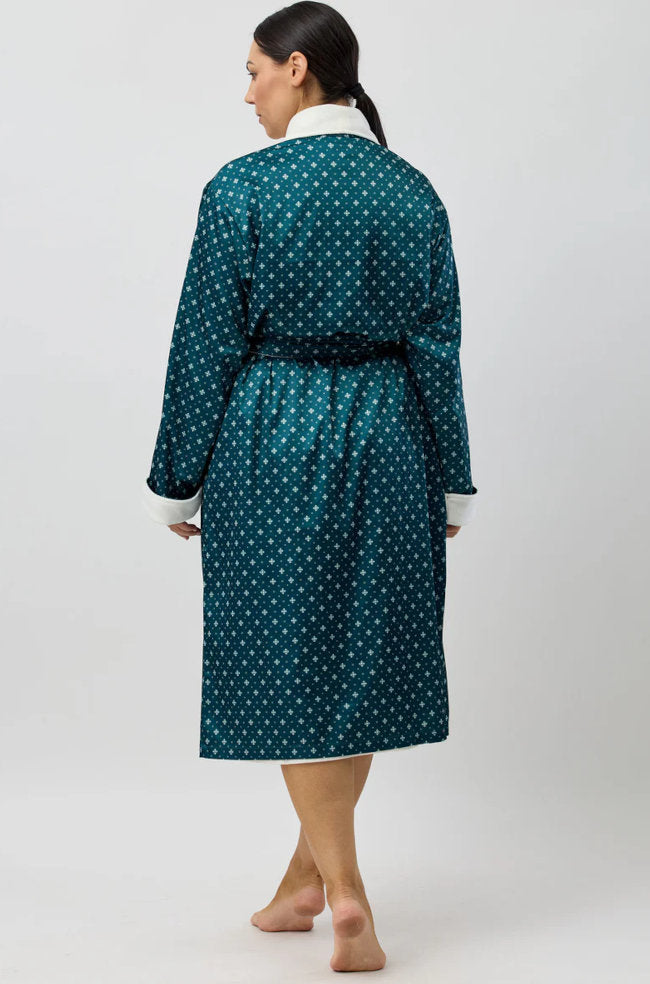 Forest green satin Art Deco fleece-lined wrap gown by Schrank, 120cm length, available in sizes S, M, L.