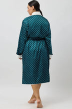 Forest green satin Art Deco fleece-lined wrap gown by Schrank, 120cm length, available in sizes S, M, L.