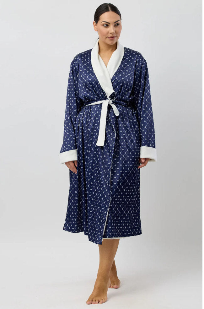 Navy satin Art Deco robe with fleece lining, luxury wrap style, size XL by Schrank