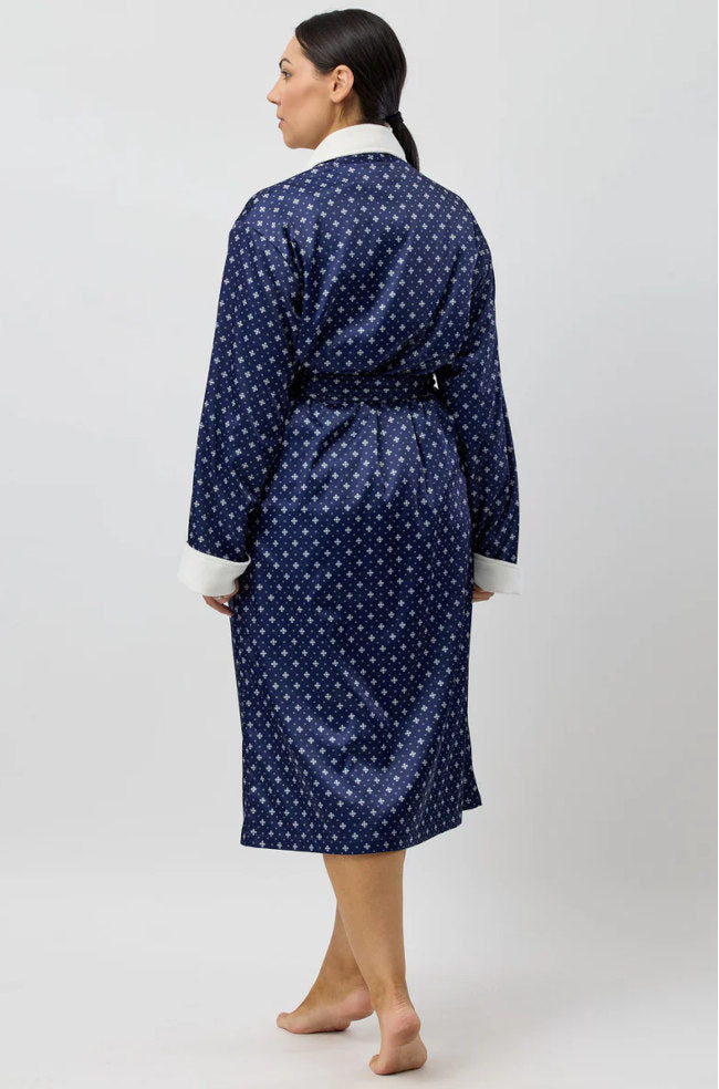 Navy Art Deco satin fleece-lined robe by Schrank in size XL, featuring a luxurious wrap design and elegant print.