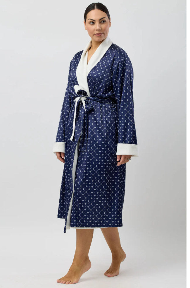 Navy Art Deco satin sleepwear robe by SCHRANK, fleece-lined luxury wrap robe, available in XL, elegant and cozy for relaxed evenings.