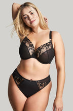 Black and gold embroidered plunge bra by Sculptresse, featuring delicate detailing and available in DD cup sizes.