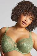 Sculptresse Estel full cup underwire bra in sage green, E-cup, featuring elegant lace detailing and supportive design.