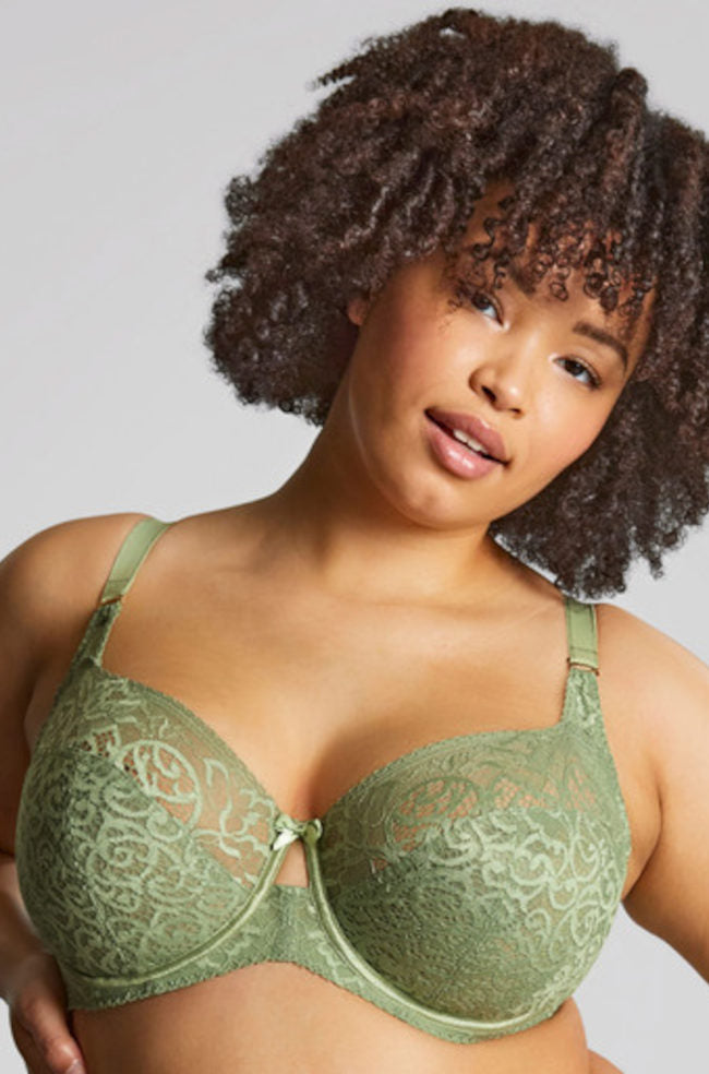 Sculptresse Estel full cup underwire bra in sage green, E-cup, featuring elegant lace detailing and supportive design.